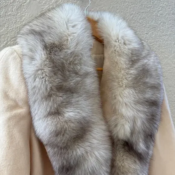 Vintage 1980's 100% Pure Wool Cream Fur Collar Long Coat - Picture 5 of 8